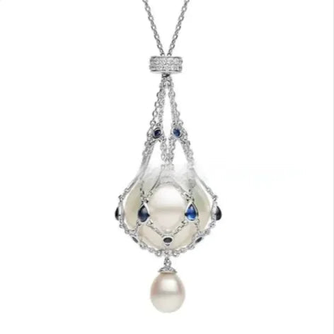 Pearl Gemstone Lavalier Pendant Necklace with Metal Net Bag WEM Support (www.WEM.support)