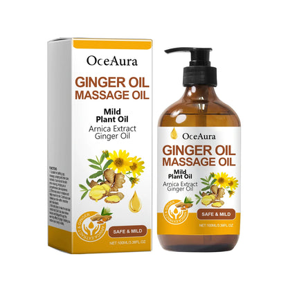 A bottle of OceAura Ginger Massage Oil with its packaging, highlighting the Arnica and Ginger Oil ingredients and soothing ginger scent.