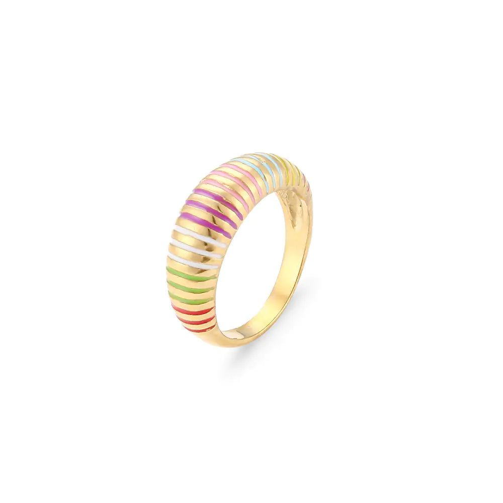 A gold-colored pinstripe ring for women's fashion, displayed against a white background.