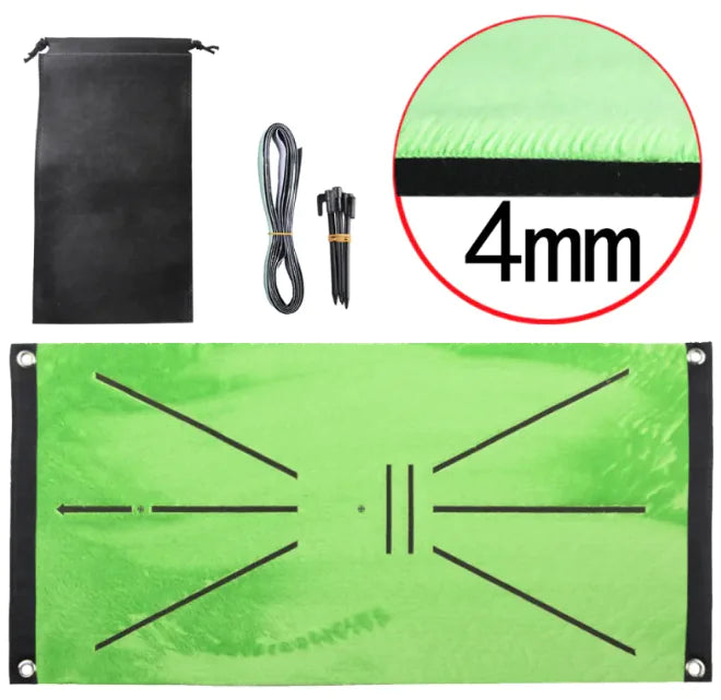 A green golf swing training pad with a black carrying bag and a chipping net, designed for golf enthusiasts to practice indoors or outdoors.