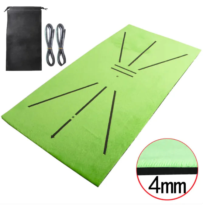 A green golf swing training pad with a black carrying bag and a chipping net, designed for golf enthusiasts to practice indoors or outdoors.