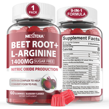 Two bottles of beet root and L-arginine gummies with supplement facts displayed.