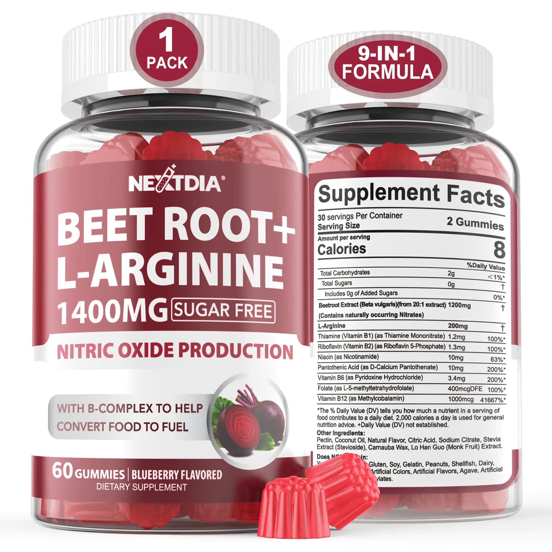 Two bottles of NeatDIA Beet Root & L-Arginine 1400mg dietary supplement, with the label showing the product name, description, and benefits such as supporting energy, blood flow, and circulation, and being sugar-free. The packaging indicates the product contains 60 gummies and has a '9-in-1 formula'.