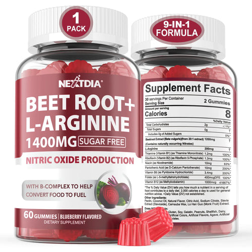 Two bottles of NeatDIA Beet Root & L-Arginine 1400mg dietary supplement, with the label showing the product name, description, and benefits such as supporting energy, blood flow, and circulation, and being sugar-free. The packaging indicates the product contains 60 gummies and has a '9-in-1 formula'.