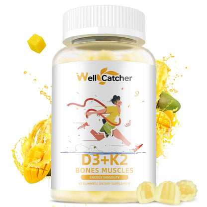 Supplement bottle with colorful design and text on a white background