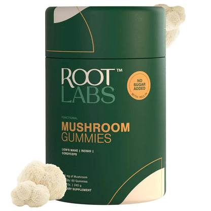 A container of ROOT LABS Mushroom Gummies with three gummy mushrooms on the lid and the product being sugar-free is highlighted.