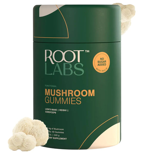 A container of ROOT LABS Mushroom Gummies with three gummy mushrooms on the lid and the product being sugar-free is highlighted.
