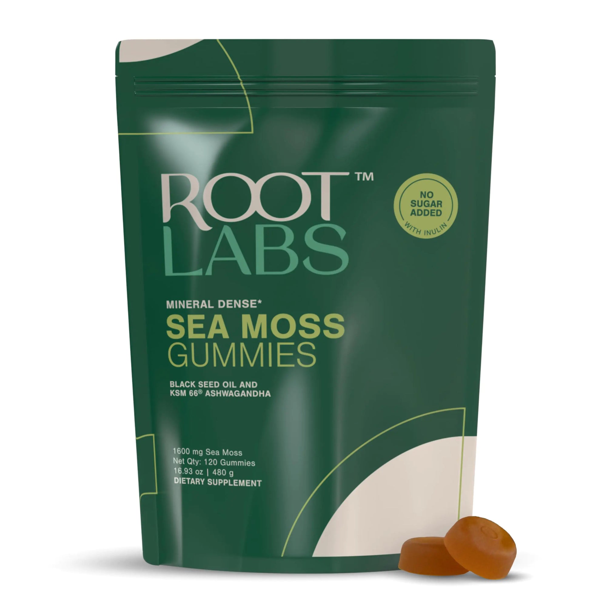 Green package of sea moss gummies with a few gummies in front on a white background