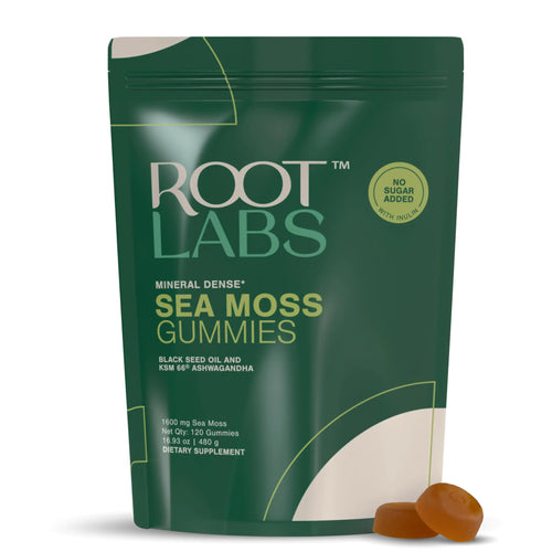 A package of ROOT LABS Mineral Dense Sea Moss Gummies with two gummy candies in front.