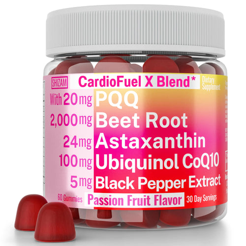A bottle of Shizam CardioFuel X Blend supplement with various ingredients including Beet Root, Astaxanthin, Ubiquinol CoQ10, and Black Pepper Extract, with a passion fruit flavor theme.