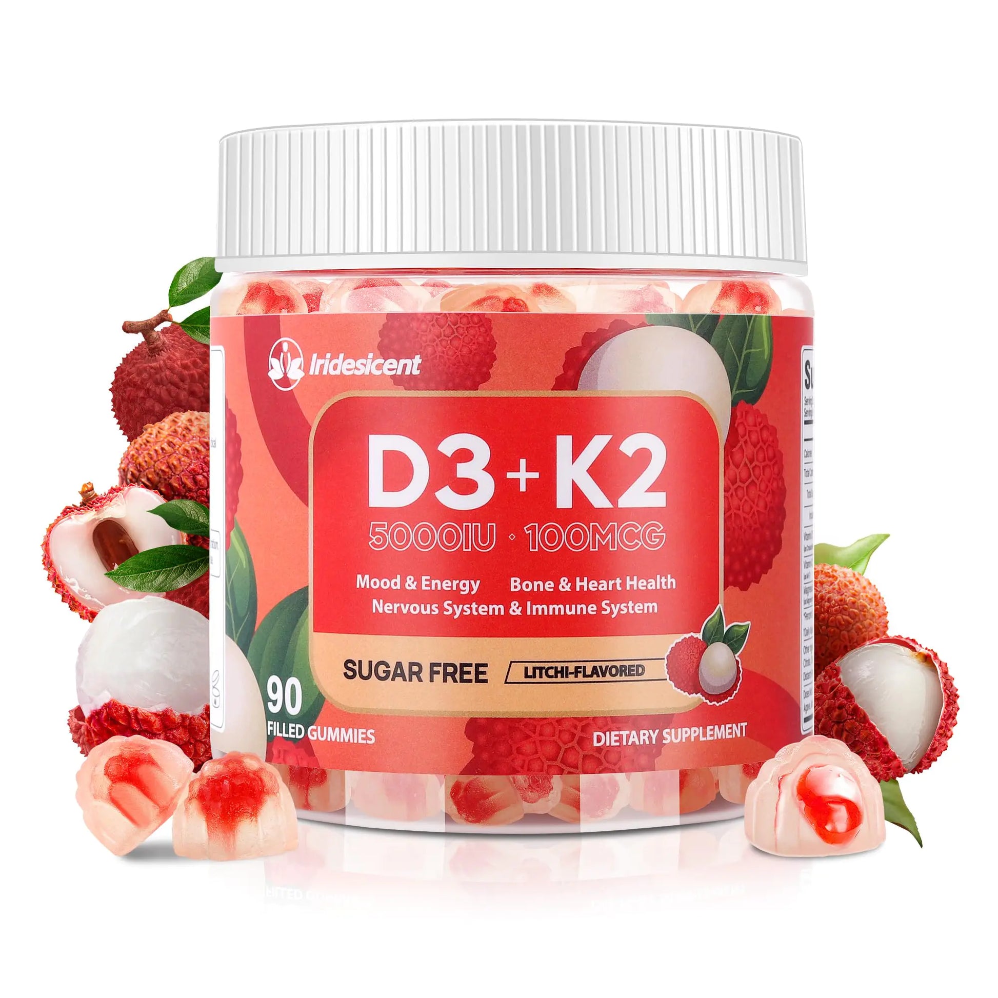 A container of lychee-flavored Vitamin D3 K2 gummies with magnesium, labeled as sugar-free and vegan. The container is red and white with images of lychees and the gummy product.