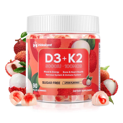 A container of lychee-flavored Vitamin D3 K2 gummies with magnesium, labeled as sugar-free and vegan. The container is red and white with images of lychees and the gummy product.