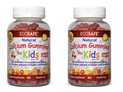 Two bottles of ECOSAFE Natural Calcium Gummies for Kids with cherry flavor, 60 gummies per bottle, highlighting being GMO-free, gluten-free, and gelatin-free.