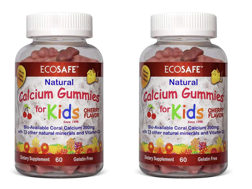 Two bottles of ECOSAFE Natural Calcium Gummies for Kids with cherry flavor, 60 gummies per bottle, highlighting being GMO-free, gluten-free, and gelatin-free.
