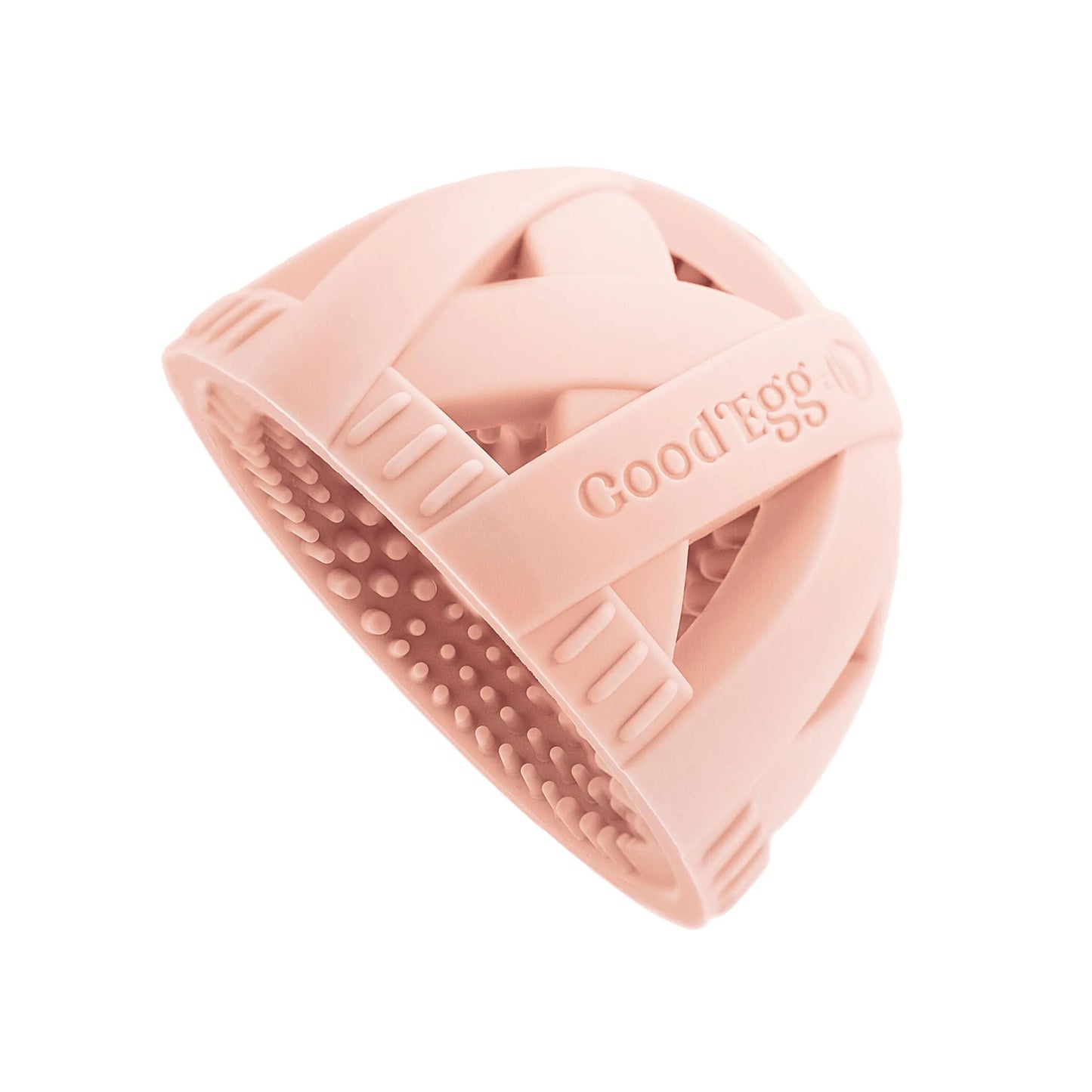 A pink silicone egg-shaped cleaning brush with the text 'GoodEgg' on it.