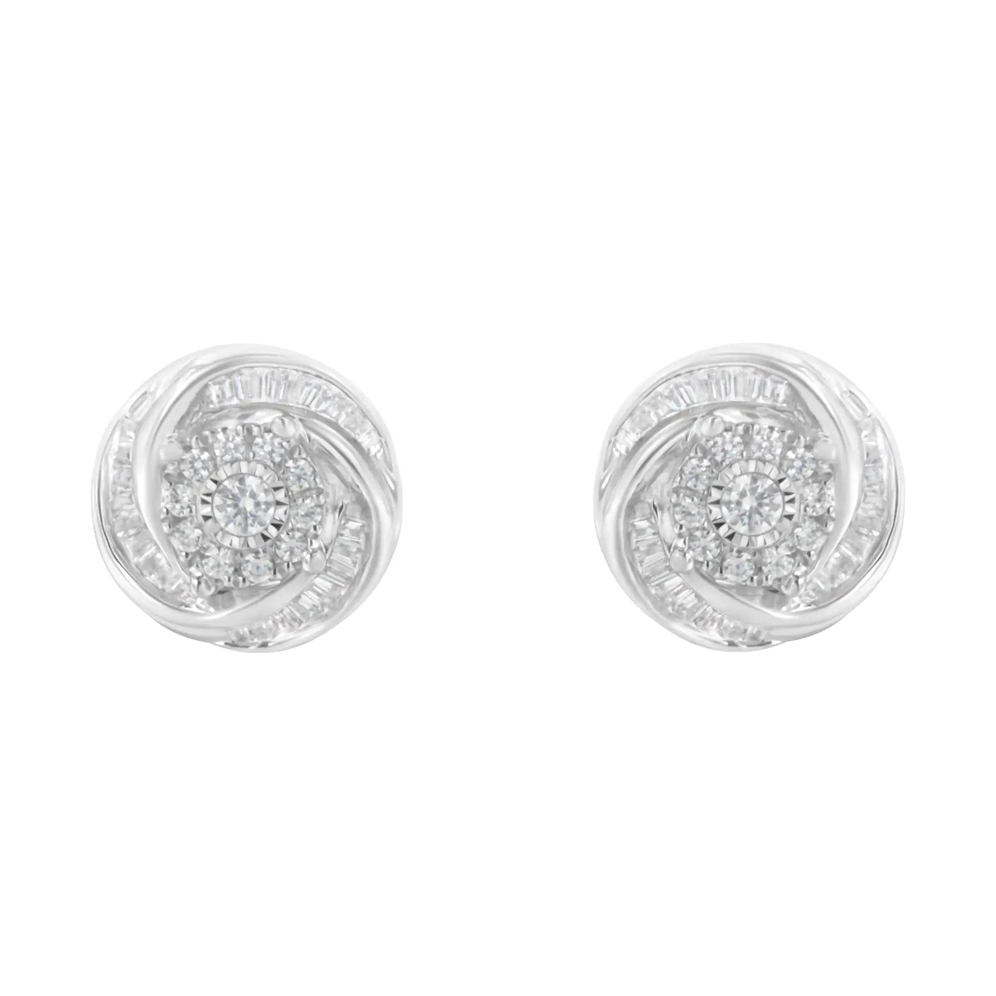 Boucles d'oreilles clous Love Knot en argent sterling .925 avec diamants ronds et baguettes 3/4 Cttw (Couleur I-J, Clarté I2-I3) WEM Support (www.WEM.support)