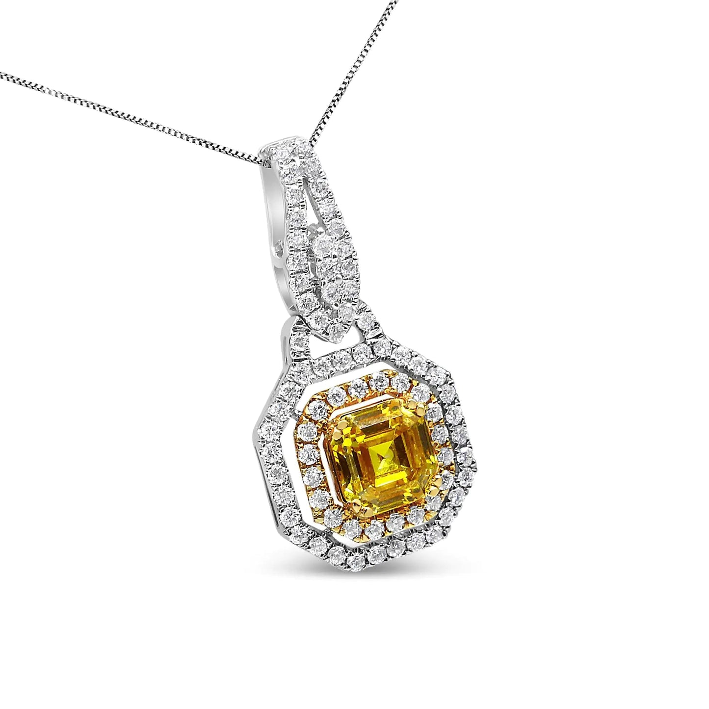 18K White and Yellow Gold 2 3/5 Cttw Lab Grown Yellow Asscher Diamond Double Framed Halo 18" Pendant Necklace (Yellow/G-H Color, VS1-VS2 Clarity) WEM Support (www.WEM.support)
