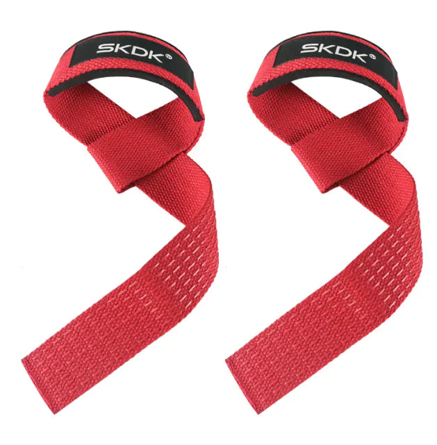A pair of red sports grip fit belts with the brand name SKDK on them.