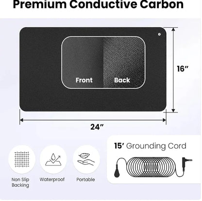 A black grounding mattress with dimensions of 16 inches by 24 inches, featuring a non-slip backing and a 15-foot grounding cord.