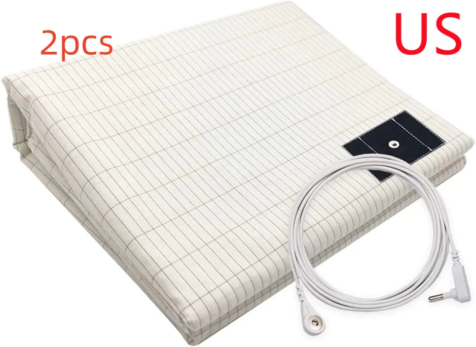 A white grounding silver cotton bed sheet with a striped pattern, labeled '3PC EU' indicating either a three-piece set or a size in EU standards, alongside a visible grounding cable.