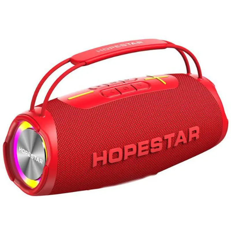 Red portable wireless Bluetooth speaker with a handle and multicolored LED light ring around the speaker grill.