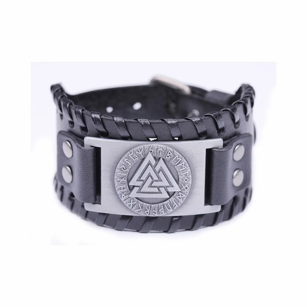 Viking Valknut Amulet Leather Bracelet WEM Support (www.WEM.support)