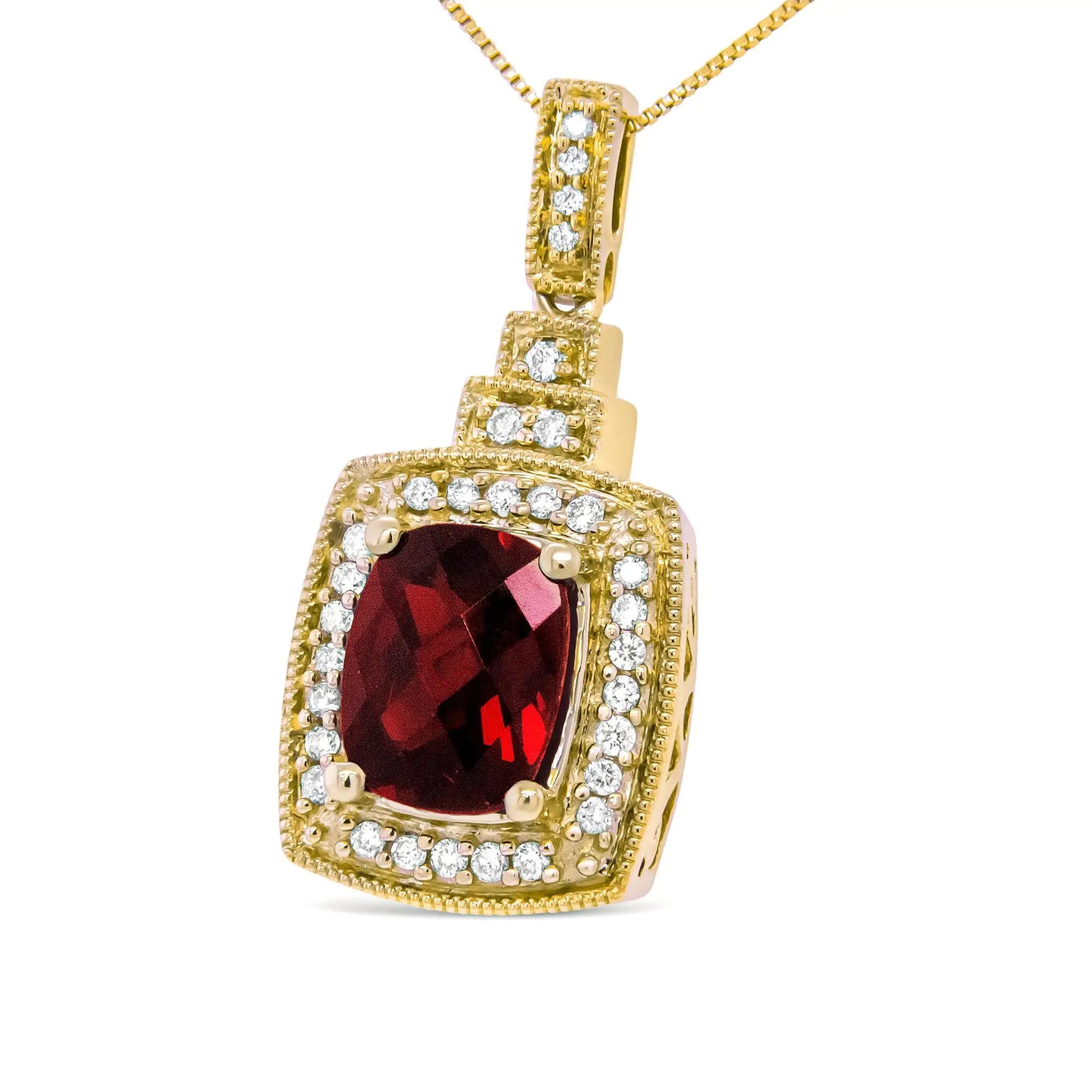 14K Yellow Gold 1/5 Cttw Round Diamond and 9x7mm Cushion Cut Red Garnet Halo 18" Pendant Necklace (H-I Color, VS1-VS2 Clarity) WEM Support (www.WEM.support)
