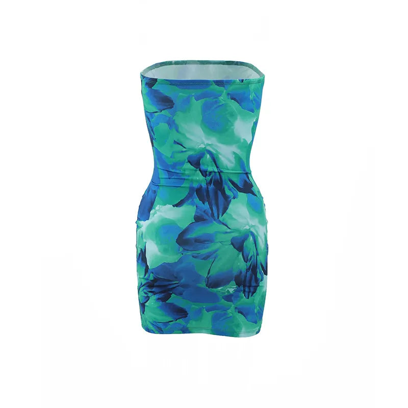 Tube Top Flower Print Slim Sheath Short Dress WEM Support (www.WEM.support)