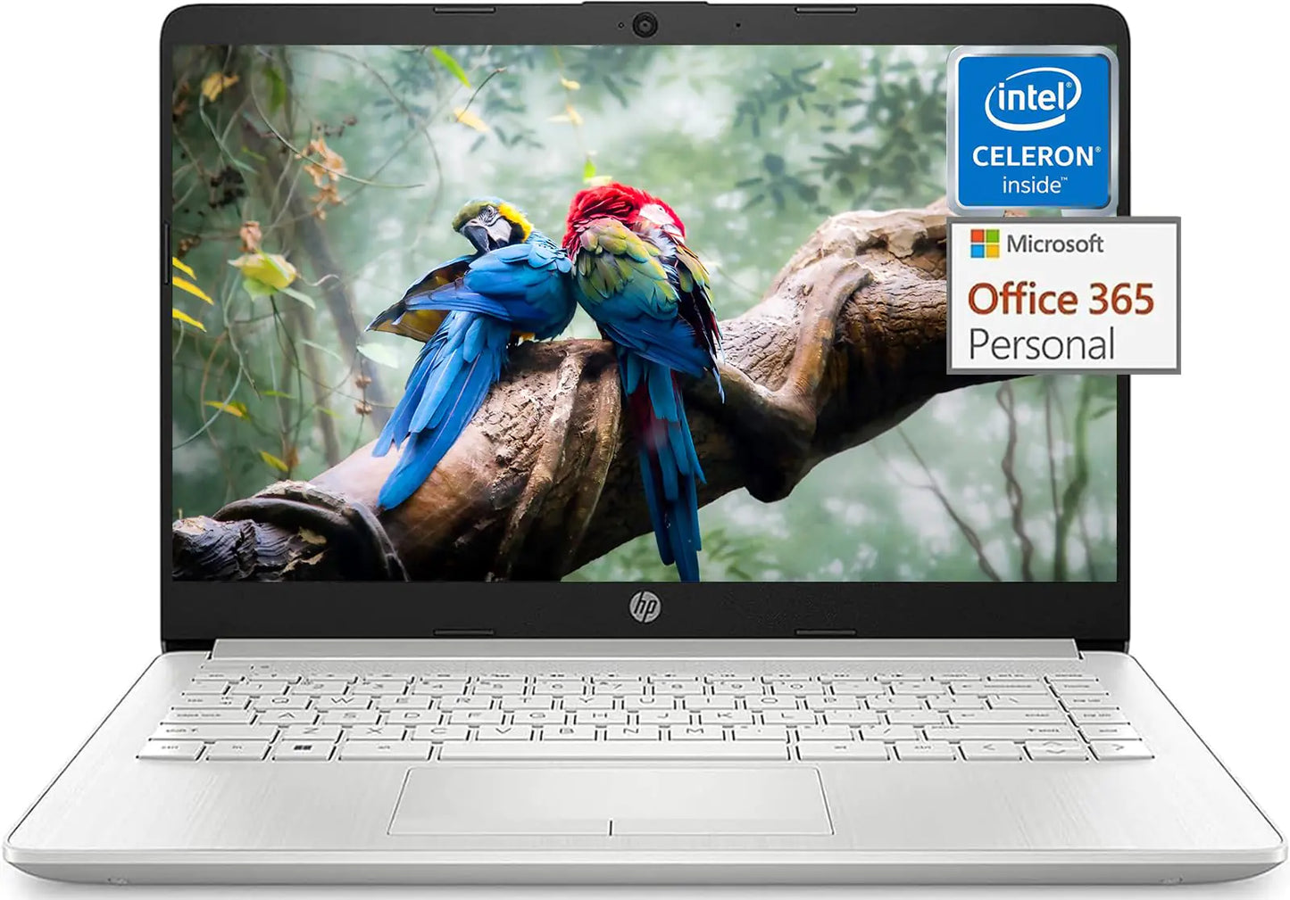 HP Stream 14 Inch Laptop featuring a silver color, Intel Celeron processor, and a colorful wallpaper on the screen. It shows the Microsoft Office 365 Personal logo and indicates it comes with a 1-year Office 365 Personal subscription.