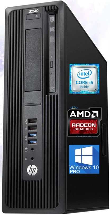 HP Z240 Workstation SFF Desktop PC featuring Intel Core i5 processor badge, AMD Radeon HD 8570 graphics card, and Windows 10 Pro operating system logo.