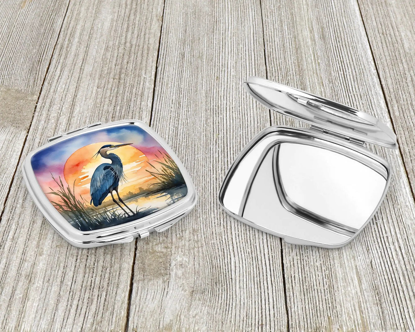 Blue Heron Setting Sun Compact Mirror WEM Support (www.WEM.support)