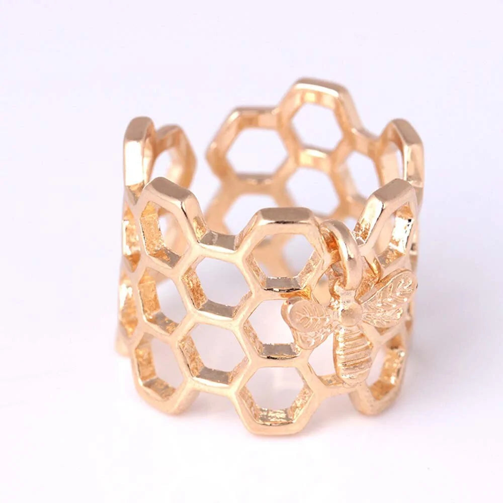 Thick Adjustable Honeycomb Ring with Bee Hanging WEM Support (www.WEM.support)