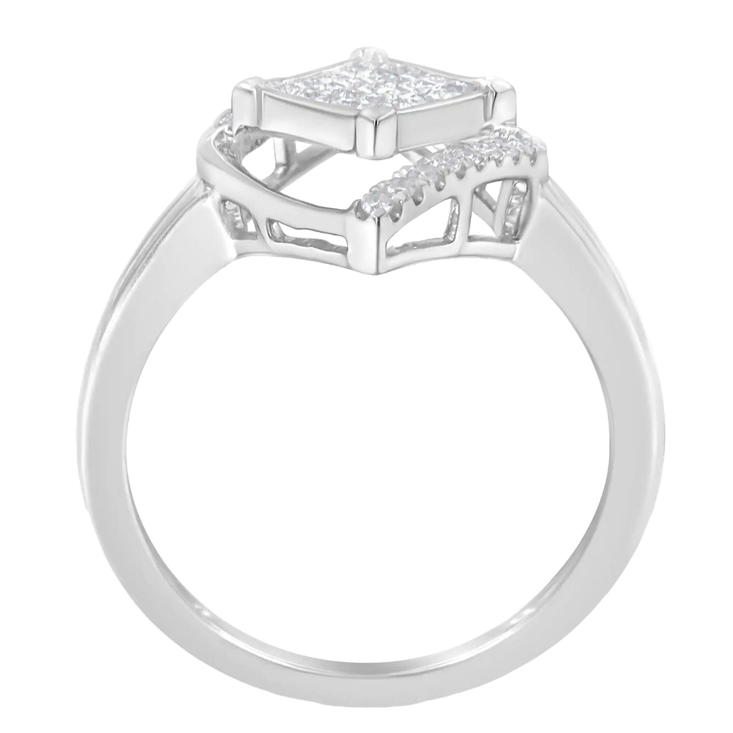 10k White Gold 1/3 Cttw Round and Princess Diamond Double Triangle Cocktail Ring (H-I Color, SI1-SI2 Clarity) WEM Support (www.WEM.support)