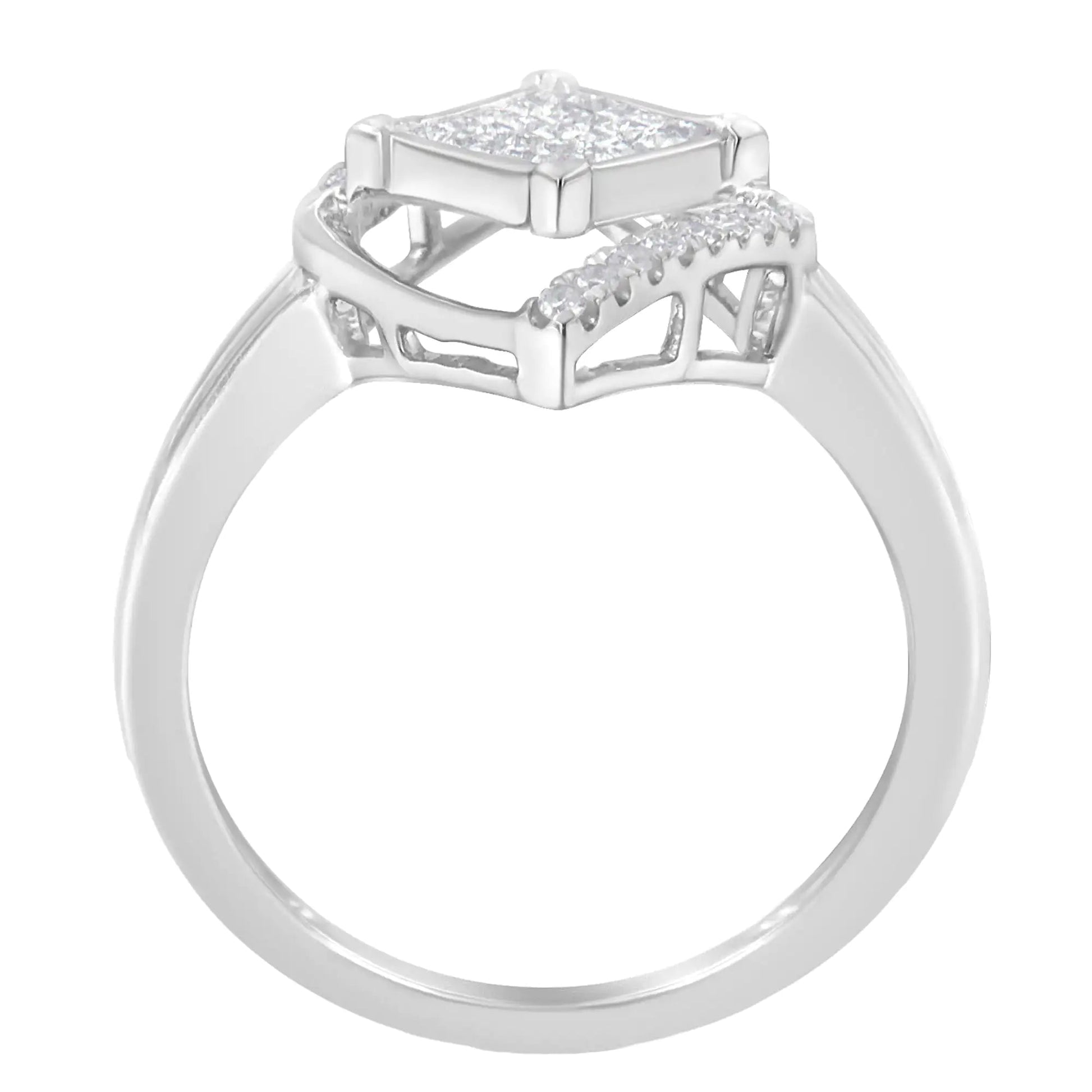10k White Gold 1/3 Cttw Round and Princess Diamond Double Triangle Cocktail Ring (H-I Color, SI1-SI2 Clarity) WEM Support (www.WEM.support)