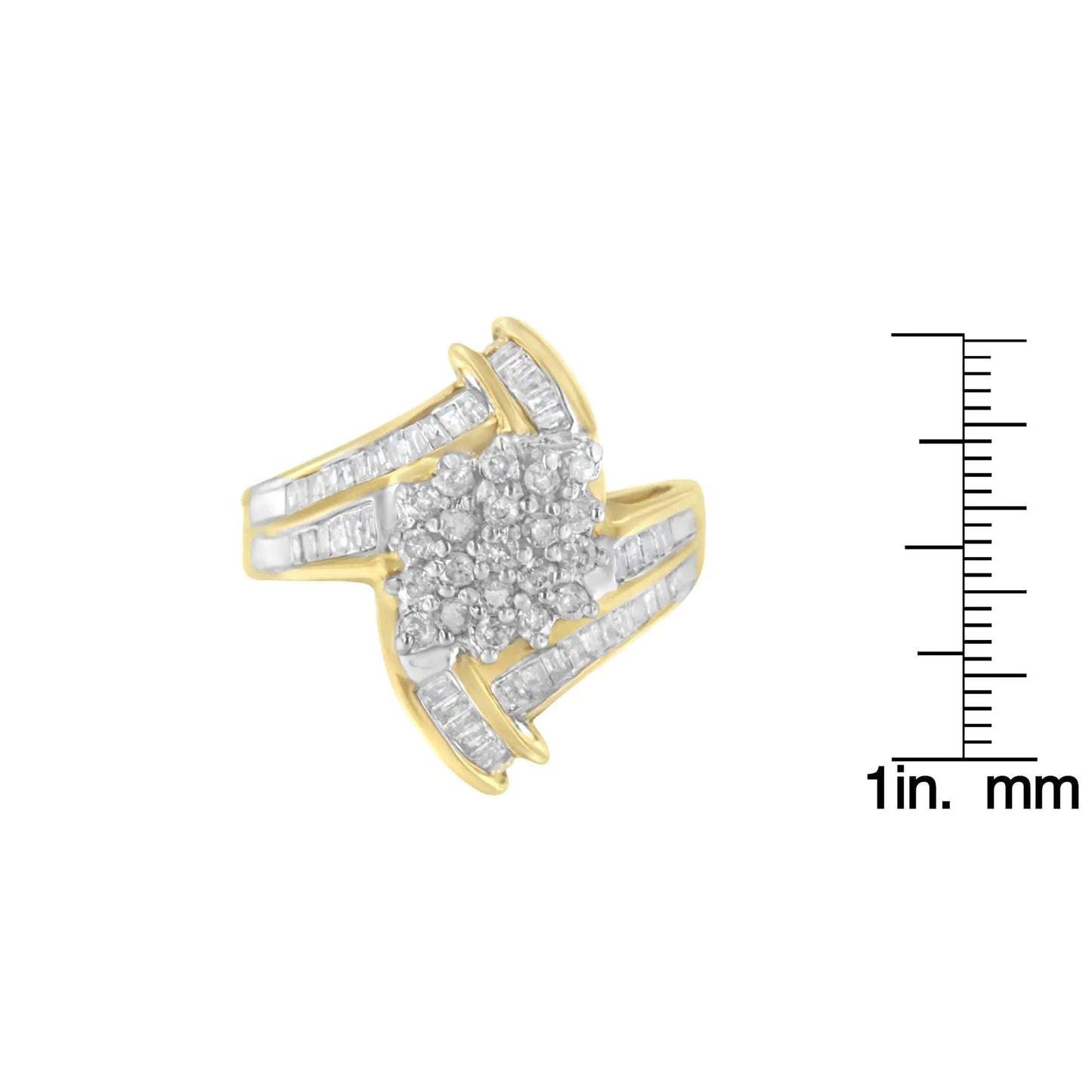 10K Yellow Gold Round and Baguette-Cut Diamond Bypass Cluster Ring (1.0 Cttw, I-J Color, I1-I2 Clarity) WEM Support (www.WEM.support)