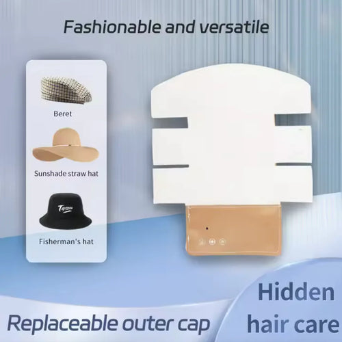 A white hair growth cap with a replaceable outer cap, shown alongside types of hats such as a beret, sunshade straw hat, and fisherman's hat. The device is described as fashionable and versatile for hair care.