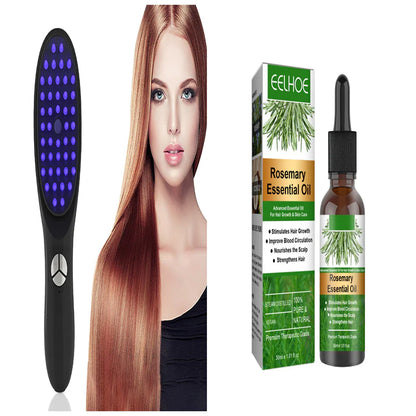 A collage image showing a hair growth massager comb on the left, a box of rosemary essential oil in the middle, and a spray bottle of the same oil on the right, with an image of a woman with long hair on the background.