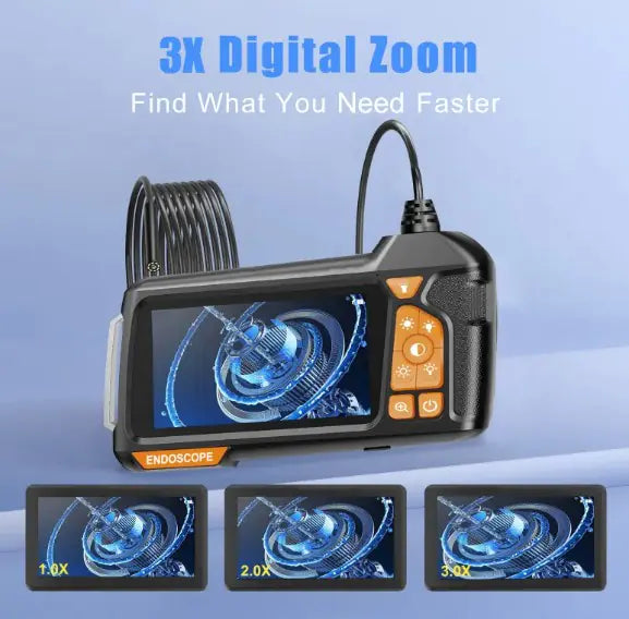 Handheld single lens endoscope with screen and flexible probe, featuring buttons for navigation and settings, and text highlighting the 3X digital zoom capability.