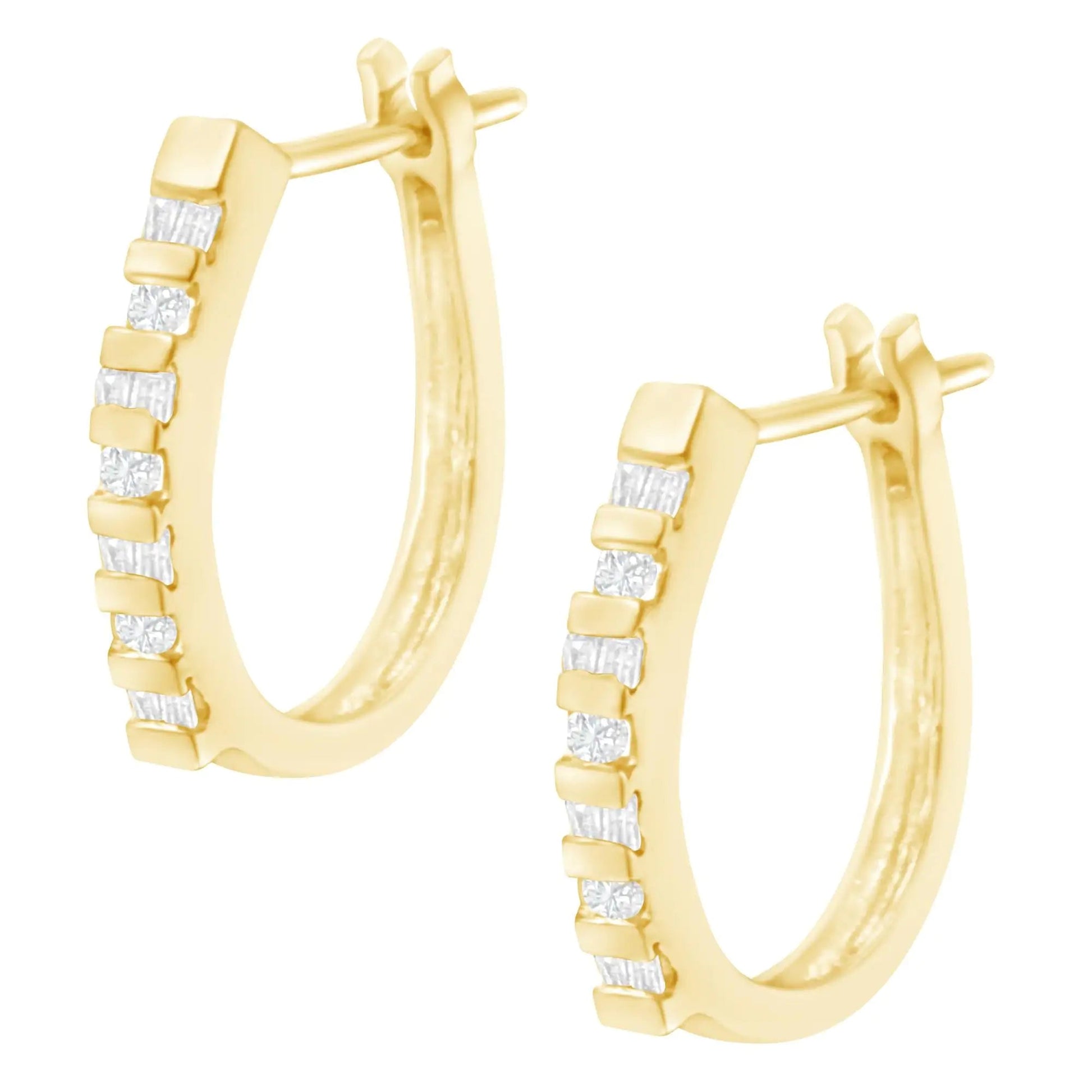 10K Yellow Gold Round and Baguette Cut Diamond Oblong Hinged Leverback Hoop Earrings (¼ Cttw, I-J Color, I2-I3 Clarity) WEM Support (www.WEM.support)