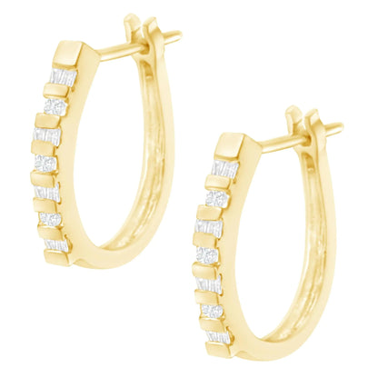 10K Yellow Gold Round and Baguette Cut Diamond Oblong Hinged Leverback Hoop Earrings (¼ Cttw, I-J Color, I2-I3 Clarity) WEM Support (www.WEM.support)