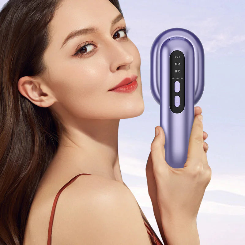 A woman is holding a purple electric massage comb to her head, which has control buttons and appears to be rechargeable.