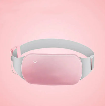 A pink and white heating belt designed for menstrual comfort against a pink background.