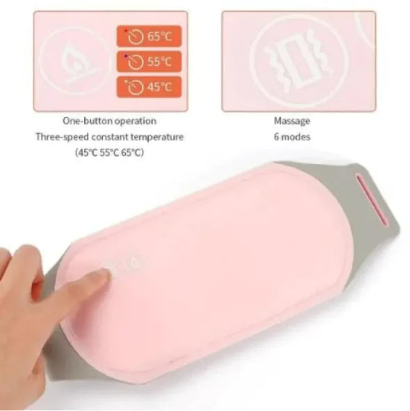 A pink and white heating belt designed for menstrual comfort against a pink background.