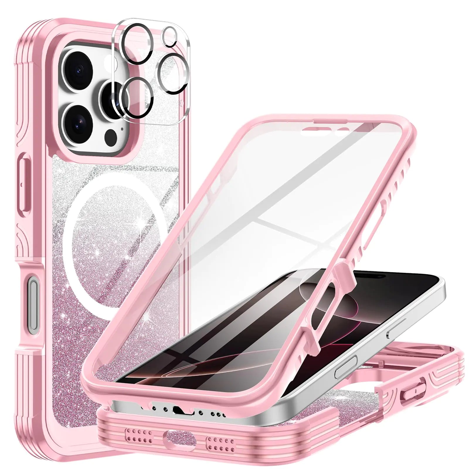 A blue and pink iPhone 16 Plus case with a built-in 9H tempered glass screen protector and camera lens protector, featuring a full body shockproof design.
