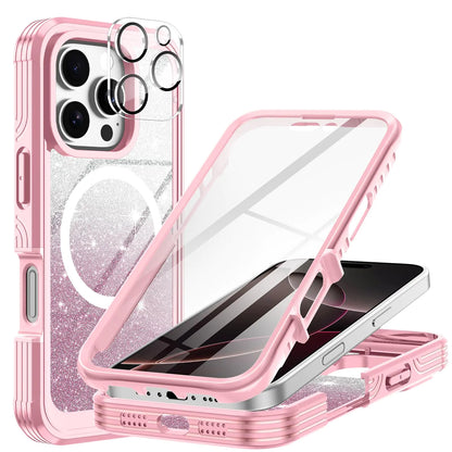 A blue and pink iPhone 16 Plus case with a built-in 9H tempered glass screen protector and camera lens protector, featuring a full body shockproof design.