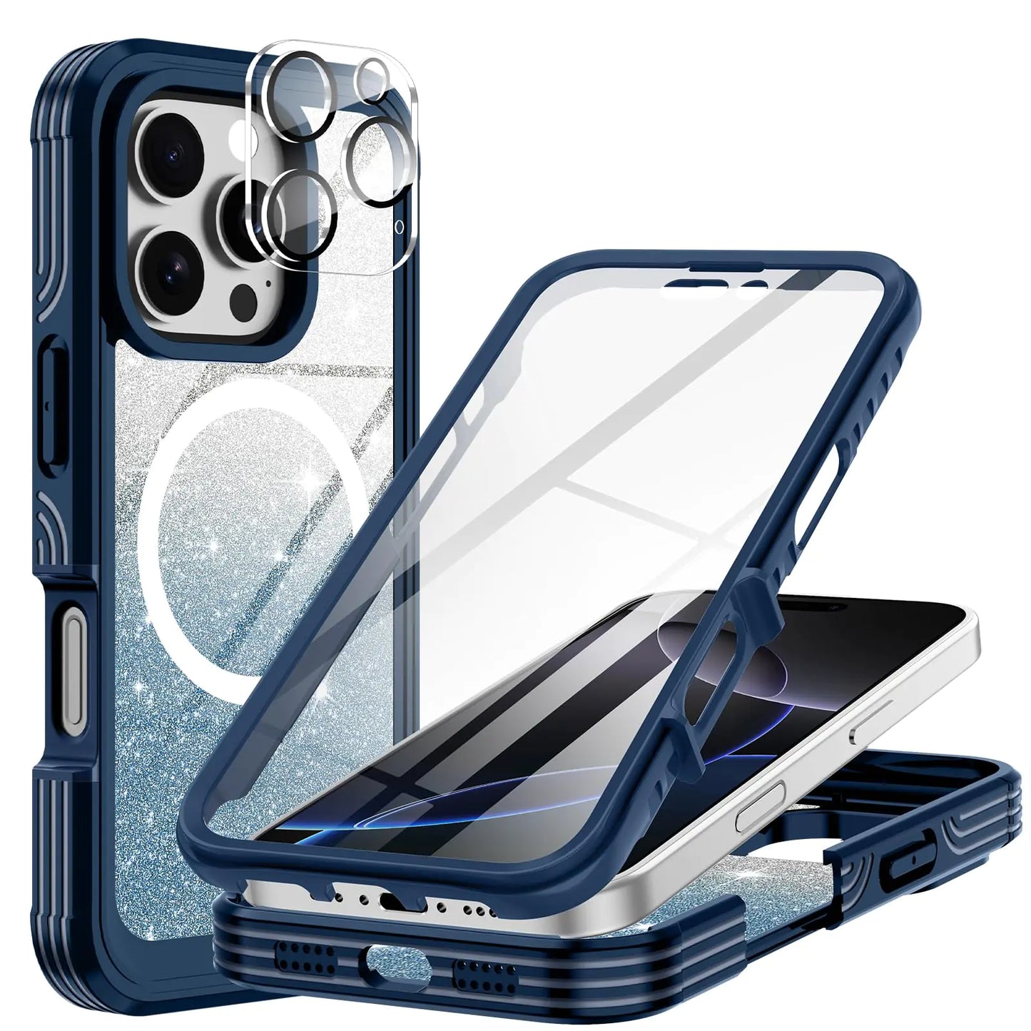 A blue and pink iPhone 16 Plus case with a built-in 9H tempered glass screen protector and camera lens protector, featuring a full body shockproof design.