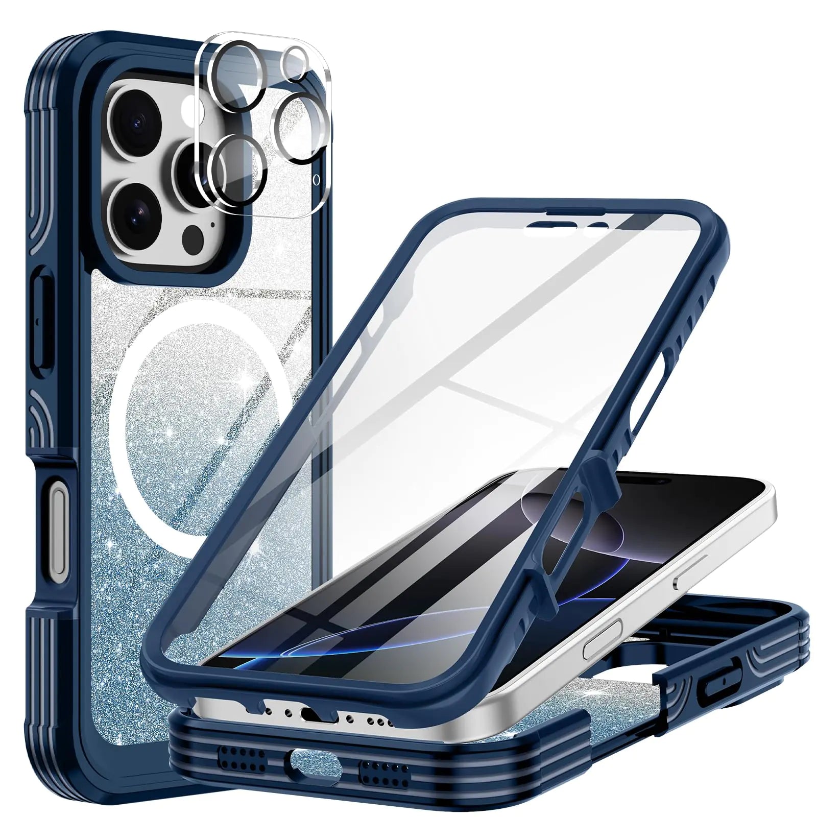 A blue and pink iPhone 16 Plus case with a built-in 9H tempered glass screen protector and camera lens protector, featuring a full body shockproof design.