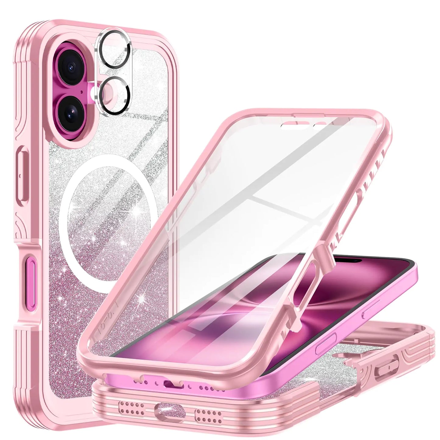 A blue and pink iPhone 16 Plus case with a built-in 9H tempered glass screen protector and camera lens protector, featuring a full body shockproof design.
