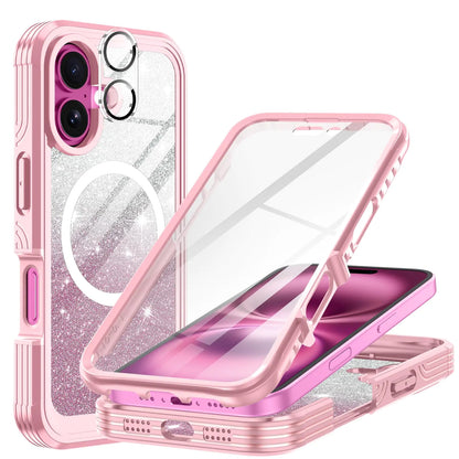 A blue and pink iPhone 16 Plus case with a built-in 9H tempered glass screen protector and camera lens protector, featuring a full body shockproof design.