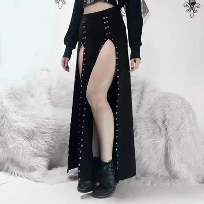 High-Waist Mid-Length Skirt with Rivet and Slit Design